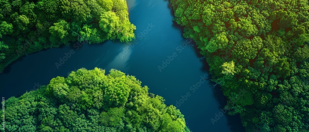 The photo shows a beautiful landscape with a river flowing through a lush green forest The photo shows a beautiful landscape with a river flowing through a lush green forest