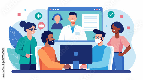 A group of doctors huddle around a computer receiving virtual training on the use of assistive technologies and accommodations for neurodivergent. Vector illustration
