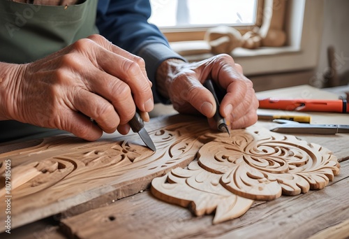 Elderly hands carving wood, the carving process with various woodworking tools on a wooden surface