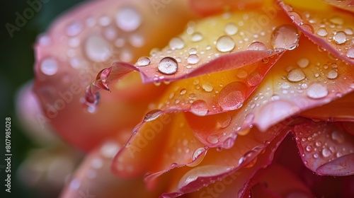 A close-up of raindrops gracefully adorning the petals of a blooming rose  beauty in simplicity