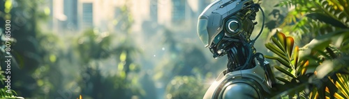 Capture a futuristic cityscape blending seamlessly with nature using hyper-realistic 3D CGI for a sci-fi promotional poster Emphasize sleek metallic robotic features against a back photo