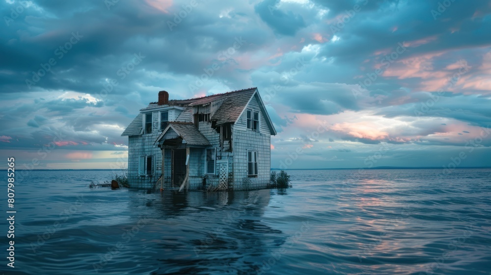 A lone house teetering on the edge of a submerged coastline, A lone house teetering on the edge of a submerged coastline,