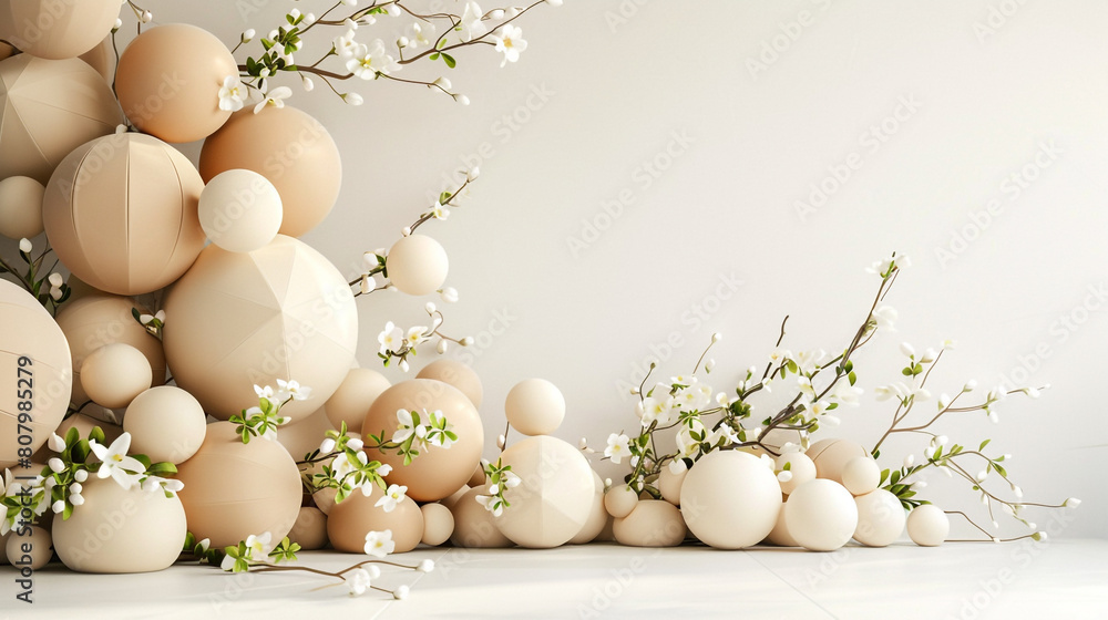 A modern spring balloon installation, with geometrically shaped balloons in shades of beige and ivory, interspersed with lifelike sprigs of greenery and small white blossoms, presenting a minimalist