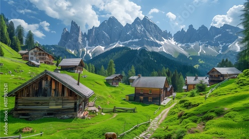 Beautiful village the with wooden houses and green grass, high mountains in background,Generative AI illustration.