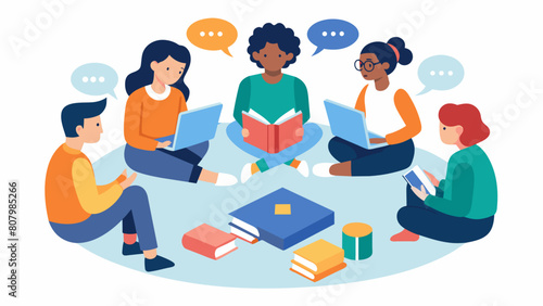 An image of students sitting in a circle discussing and strategizing ways to combat the continual increase in textbook prices.. Vector illustration