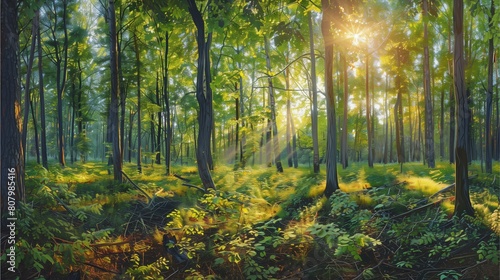 A panoramic view of the sun shining through trees in an enchanting forest  casting dappled light on lush green foliage and tall tree trunks Generative AI illustration.