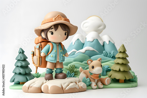Child explorer wearing a hat and backpack is standing on a mountain.
