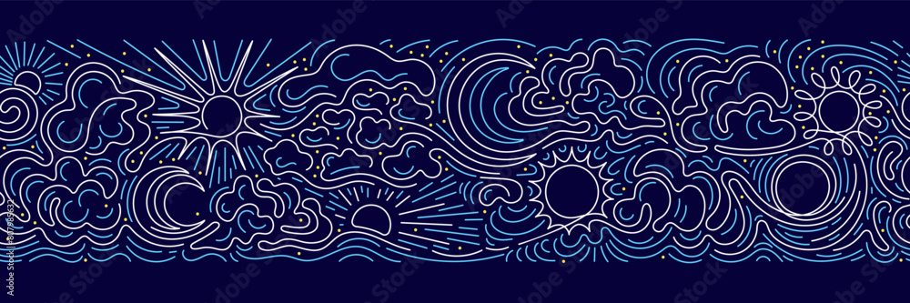 Sun, moon, cloud, sea, marine seamless line border Sun, moon, cloud, sea, marine seamless line border