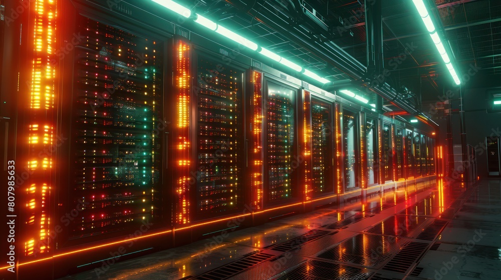 Fototapeta premium a large, industrial server room filled with rows of glowing computers. 