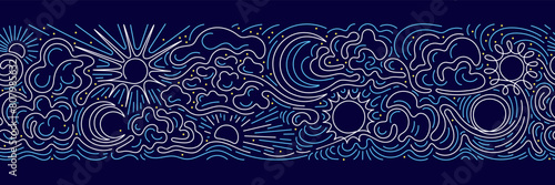 Sun, moon, cloud, sea, marine seamless line border