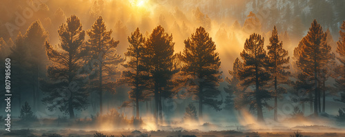 Scene as golden rays of sunrise penetrate the mist surrounding tall pine trees, creating an ethereal atmosphere in a dense forest.