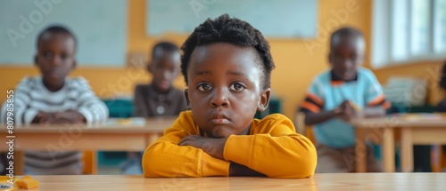 Cute little African boy with stylish hair seated behind a desk in an elementary school class. Young pupil is concentrating on a lecture he is listening to. photo