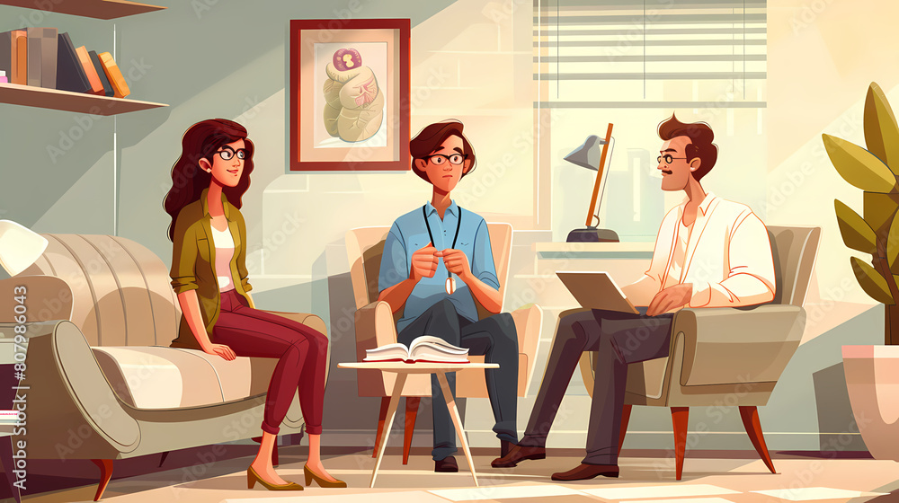 Vector illustration of a married couple on a sofa and an elderly psychologist Vector illustration of a married couple on a sofa and an elderly psychologist