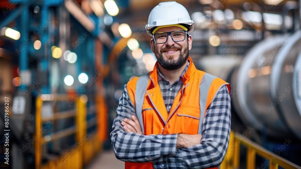 happy professional heavy industry engineer stands in a factory, happy professional heavy industry engineer stands in a factory,