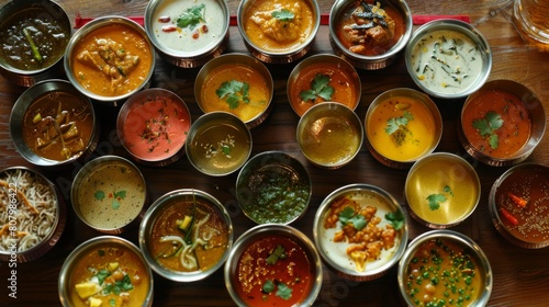 A colorful array of Indian curries served in traditional brass bowls