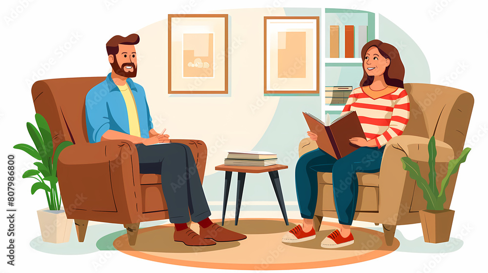 Vector illustration of a married couple on a sofa and an elderly psychologist