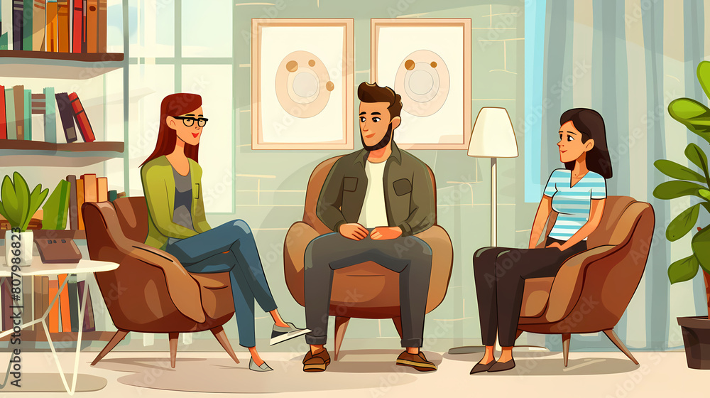 Vector illustration of a married couple on a sofa and an elderly psychologist Vector illustration of a married couple on a sofa and an elderly psychologist