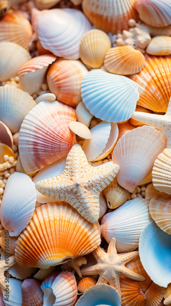 A collection of seashells and a starfish are scattered on a beach