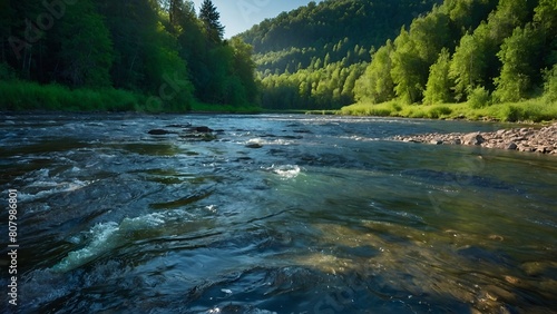 きれいな川と緑の森と晴れた空 photo