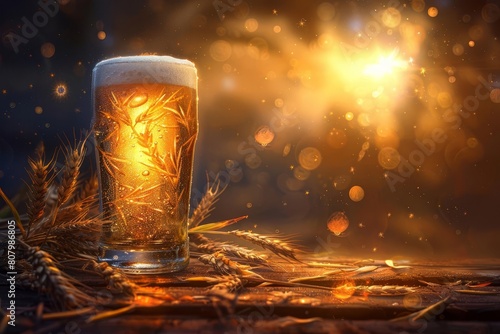 A beer glass sits elegantly on a dark backdrop, illuminated softly to highlight its golden hue, with barley stalks adding a rustic touch to the scene