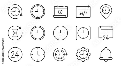 Clock and time line icons set 2. Timing, timer, alarm, watch, hour vector sign or symbol. Isolated on a white background. Pixel perfect. Editable stroke. 64x64.	