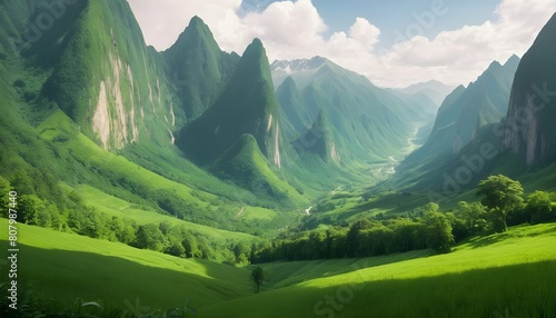 A lush green valley surrounded by towering mountai upscaled 2