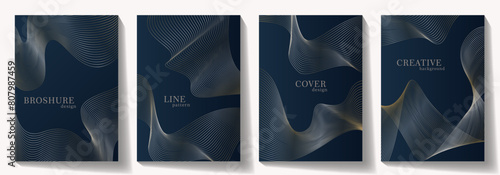 Elegant cover design set with gold lines and dark blue background. Luxury vector collection for cover design, invitation, flyer, wedding card, luxe invite, business banner, prestigious voucher, menu.