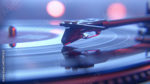 Close-up of a classic vinyl record spinning on a turntable, with the needle in the groove and soft ambient lighting enhancing the vintage feel
