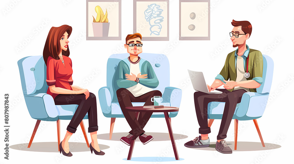 Vector illustration of a married couple on a sofa and an elderly psychologist