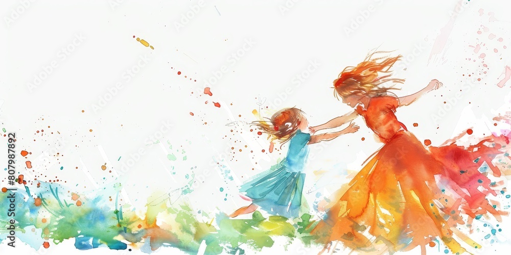 A woman and a child are playing together. The woman is wearing a red dress and the child is wearing a blue dress A woman and a child are playing together. The woman is wearing a red dress and the child is wearing a blue dress
