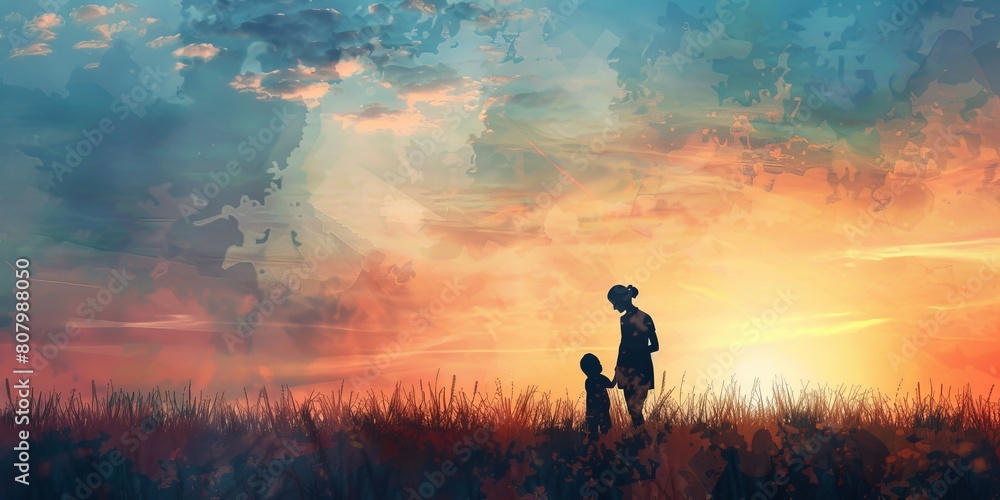 A woman and a child are walking in a field at sunset. The sky is filled with clouds and the sun is setting, creating a warm and peaceful atmosphere