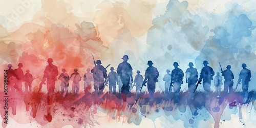 A group of soldiers are walking in a field with a red, blue and white background. The soldiers are in various positions, some are closer to the foreground while others are further back