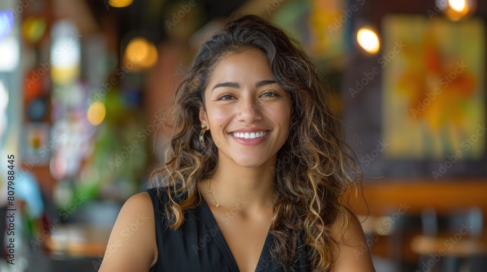The Hispanic female small business owner's smile. The Hispanic female small business owner's smile.