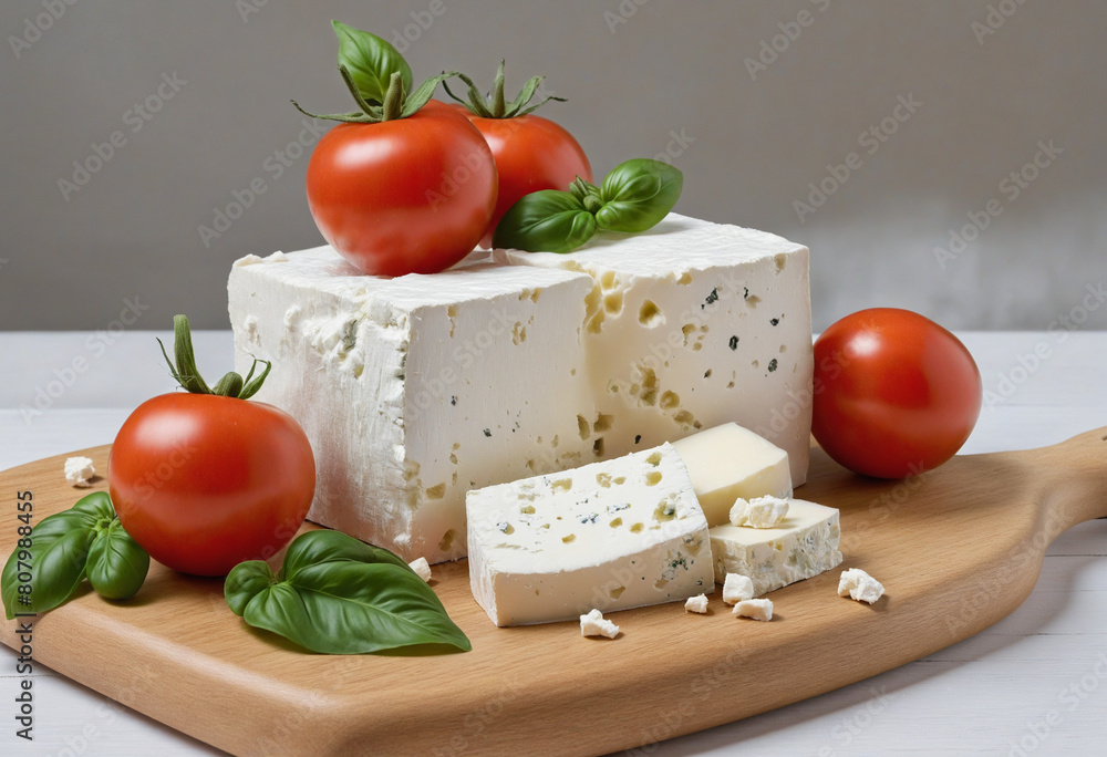 Feta Cheese and Tomato Salad on a Rustic Wooden Board, Crafted with Generative AI Technology Feta Cheese and Tomato Salad on a Rustic Wooden Board, Crafted with Generative AI Technology