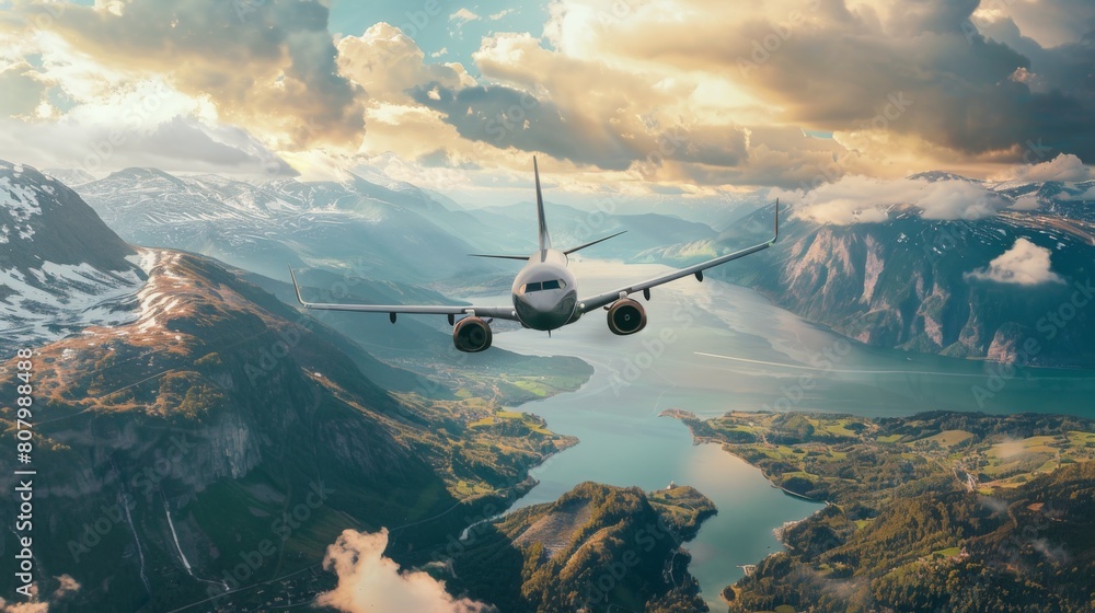 Naklejka premium A commuter airplane flying low over a picturesque landscape, regional travel
