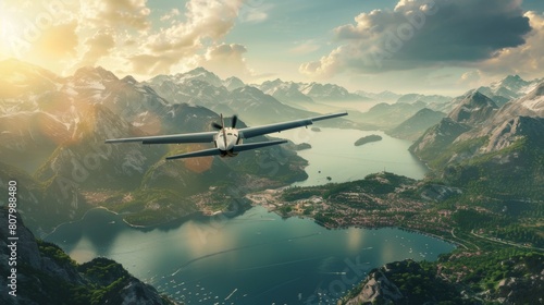 A commuter airplane flying low over a picturesque landscape, regional travel photo