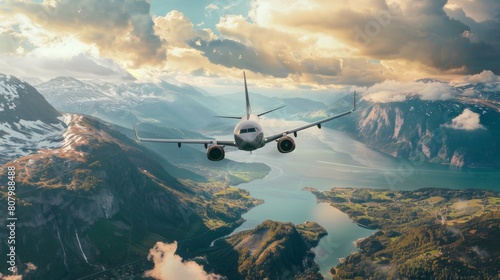 A commuter airplane flying low over a picturesque landscape, regional travel photo