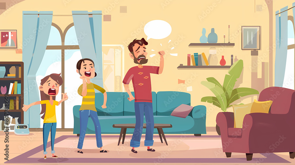 Family during a quarrel at home with parents swearing vector illustration