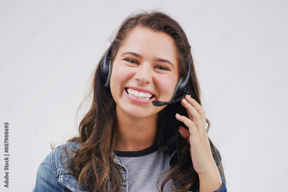 Portrait, woman and telemarketer in studio with smile, headset and happy on white background. Female person, consultant and advisor for support, information and crm with mic for communication Portrait, woman and telemarketer in studio with smile, headset and happy on white background. Female person, consultant and advisor for support, information and crm with mic for communication