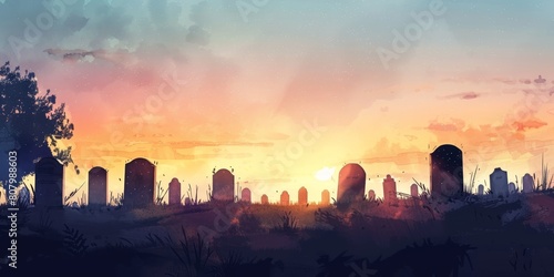 A graveyard with a sunset in the background. The sky is filled with clouds and the sun is setting