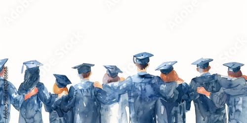 A group of graduates are standing together in blue graduation gowns. Concept of unity and accomplishment among the graduates as they celebrate their achievements © kiimoshi