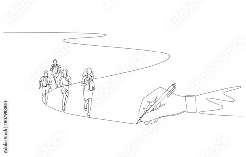 Continuous one line drawing of big hand of manager drawing line to lead employees, business leadership or team direction concept, single line art.