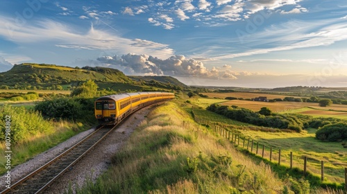 A commuter train passing through a scenic countryside, picturesque rail journey