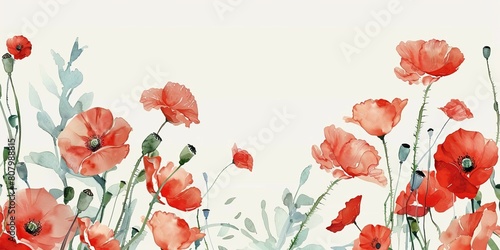 Fototapeta Naklejka Na Ścianę i Meble -  A watercolor painting of a field of red flowers. The flowers are in full bloom and the colors are vibrant. The painting evokes a sense of beauty and tranquility