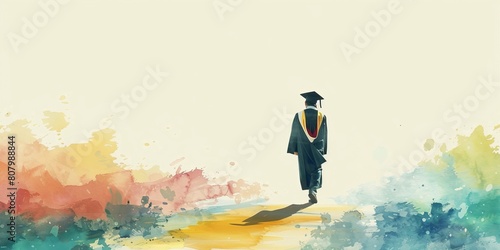 A graduate walks down a path with a colorful background. Concept of accomplishment and pride as the graduate moves forward into the future