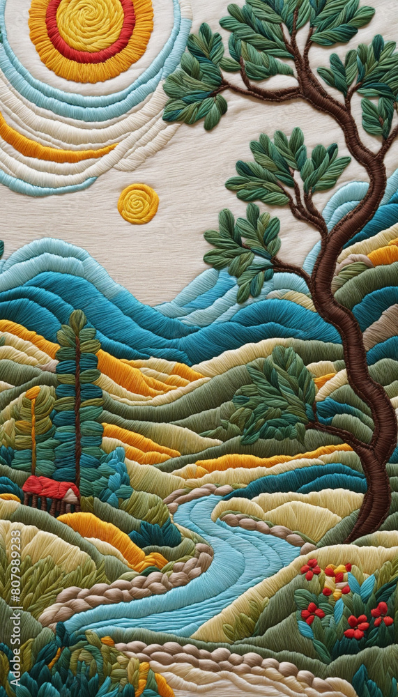Obraz premium Stitched landscape showcasing a whimsical tapestry of vibrant colors and artistic craftsmanship 