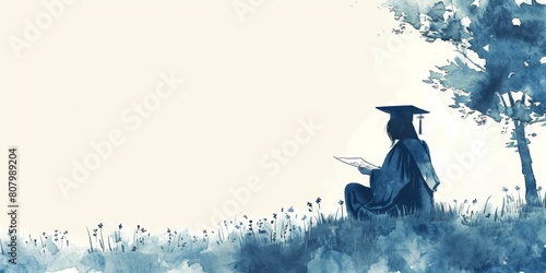 A person wearing a graduation cap sits in a field of flowers. Concept of accomplishment and serenity © kiimoshi