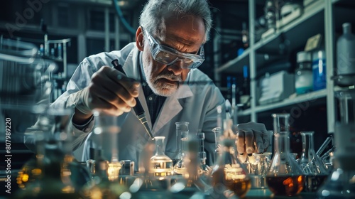 A photo of a senior scientist wearing a lab coat and safety goggles while working in a laboratory.