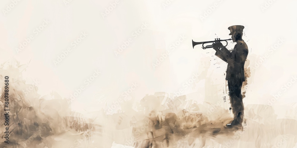 Naklejka premium A man playing a trumpet in a field with a blurry background. Concept of nostalgia and longing for the past