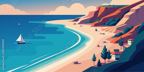 Flat style sea coast top view. Vector seashore with sand and waves flat illustration